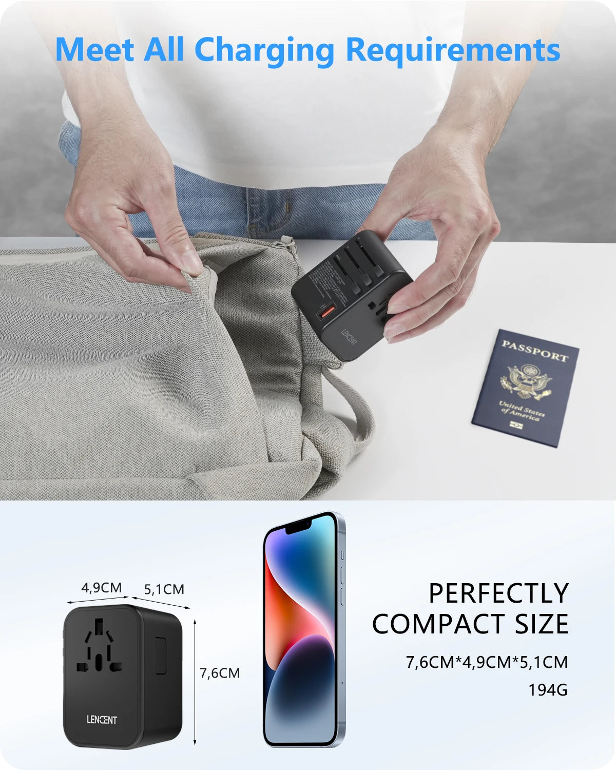 LENCENT 65W/100W GaN International Travel Adapter with 2USB 3 Type C GaN Fast Charging Adapter with EU AU US UK Plug for Travel - KHOY