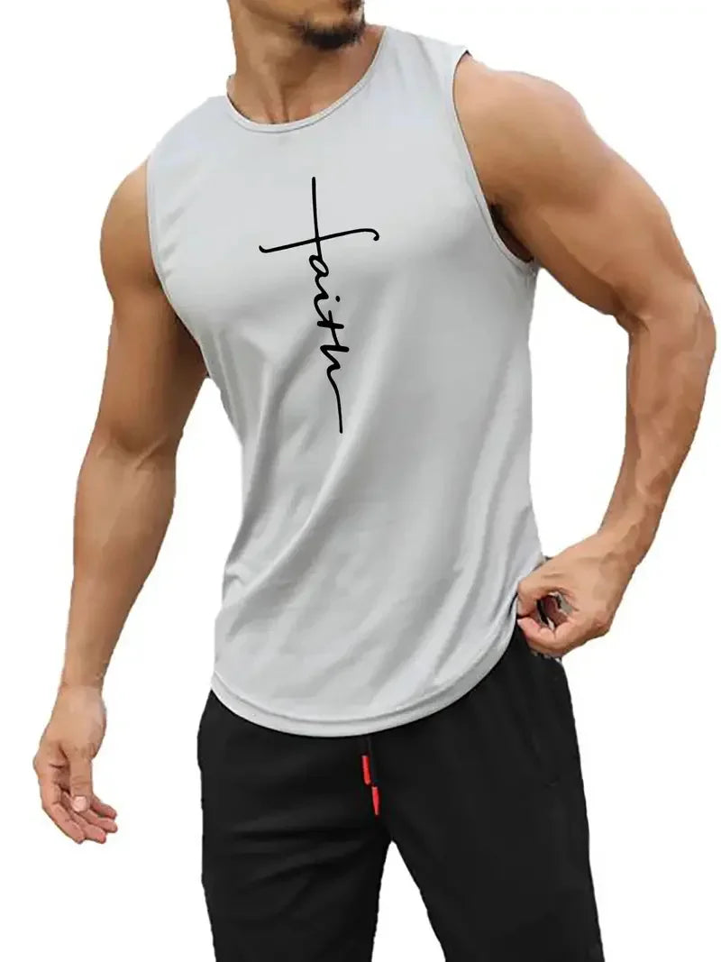 Summer Simple Letter Print Men's Round Neck Tank Top Gym Fitness Training Sports Vest Plus Size Man Sleeveless Shirt Casual Tees - KHOY