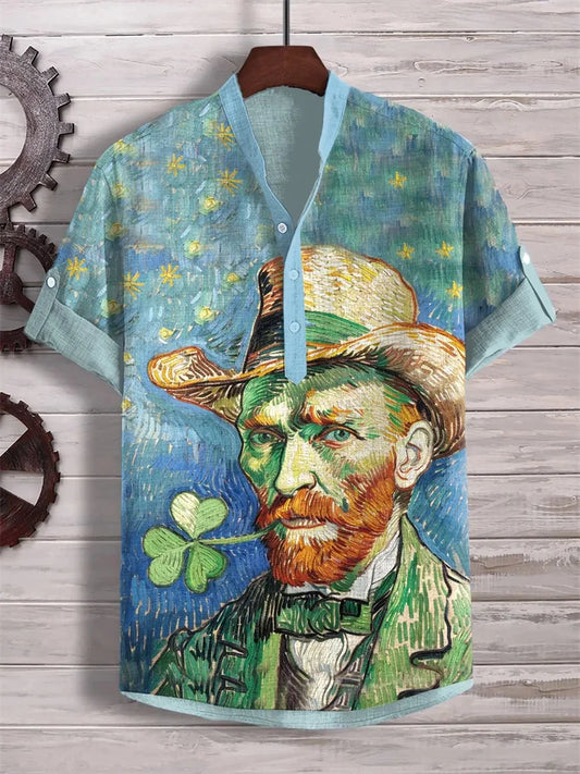 2024 Hawaiian Shirt Men's Stand Collar Short Sleeve Shirt Portrait 3D Printing Fashion Casual Bamboo Linen Top S-5XL - KHOY