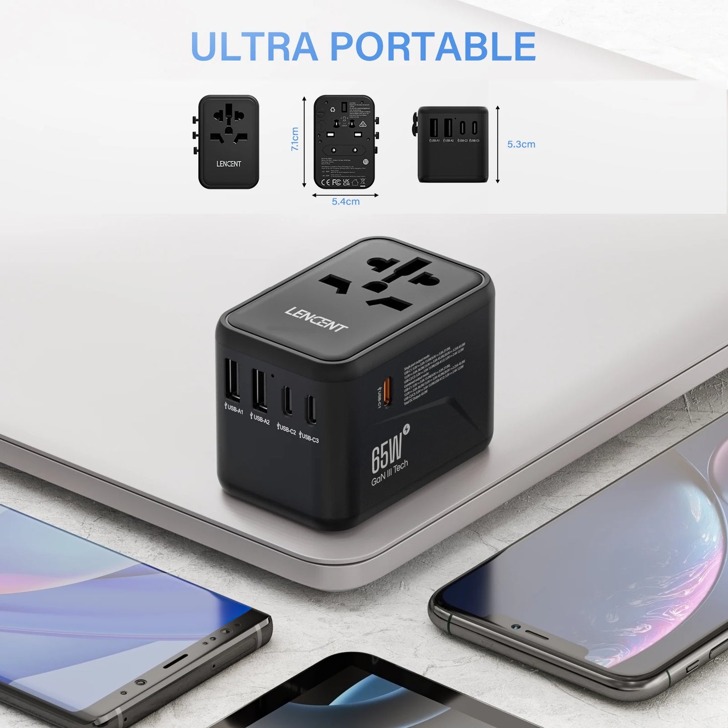 LENCENT 65W/100W GaN International Travel Adapter with 2USB 3 Type C GaN Fast Charging Adapter with EU AU US UK Plug for Travel - KHOY