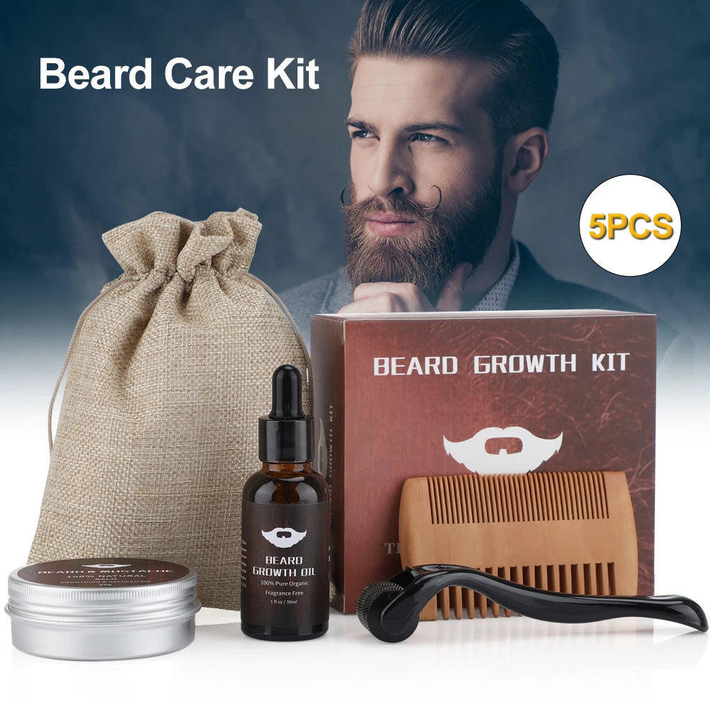 Beard Growth Kit For Men Barbe Hair Enhancerbeard Essential Oil Moisturizing Wax Growth Roller Comb Styling Scissors Beard Care - KHOY
