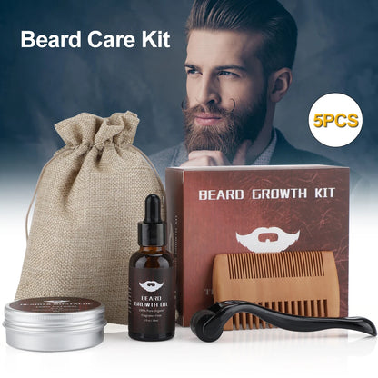 Beard Growth Kit For Men Barbe Hair Enhancerbeard Essential Oil Moisturizing Wax Growth Roller Comb Styling Scissors Beard Care - KHOY