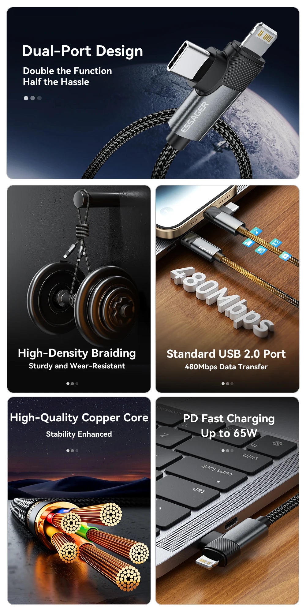 Essager 2-in-1 Right Angle Cable PD 65W 29W Fast Charging Elbow Data Cable For iPhone 15 14 13 MacBook Lenovo Asus Dell iPad Pro - KHOY
