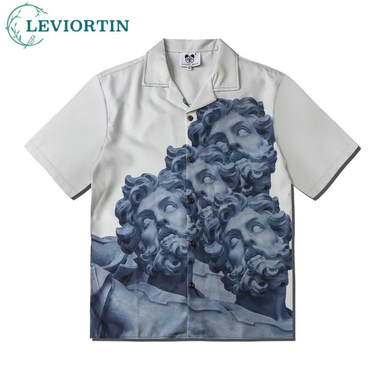 Hawaiian Shirt Y2K Hip Hop Statue Graphic Print Short Sleeve Beach Shirts 2025 Men Summer Short Sleeve Button Blouse Streetwear - KHOY