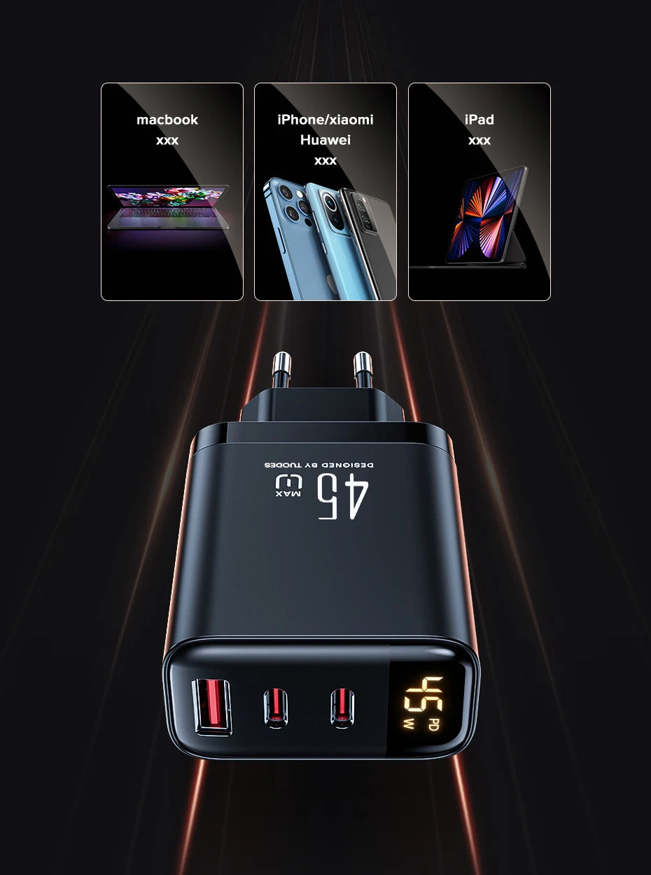 Tuodes 45w GaN Charger PPS PD USB Type C Fast Charging QC4.0 Quick Charge For iPhone 16 Macbook Air Tablet Samsung Xiaomi Laptop - KHOY