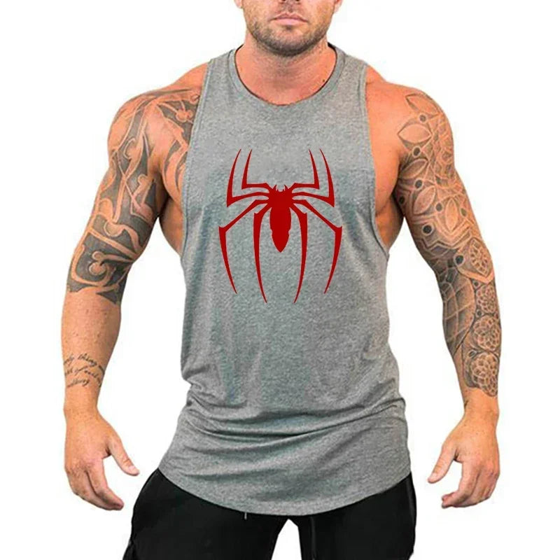 Red Spider Printed Running Tank Tops Gym Fitness Cotton Breathable Sleeveless T-Shirt Mens Bodybuilding Loose Training Clothing - KHOY