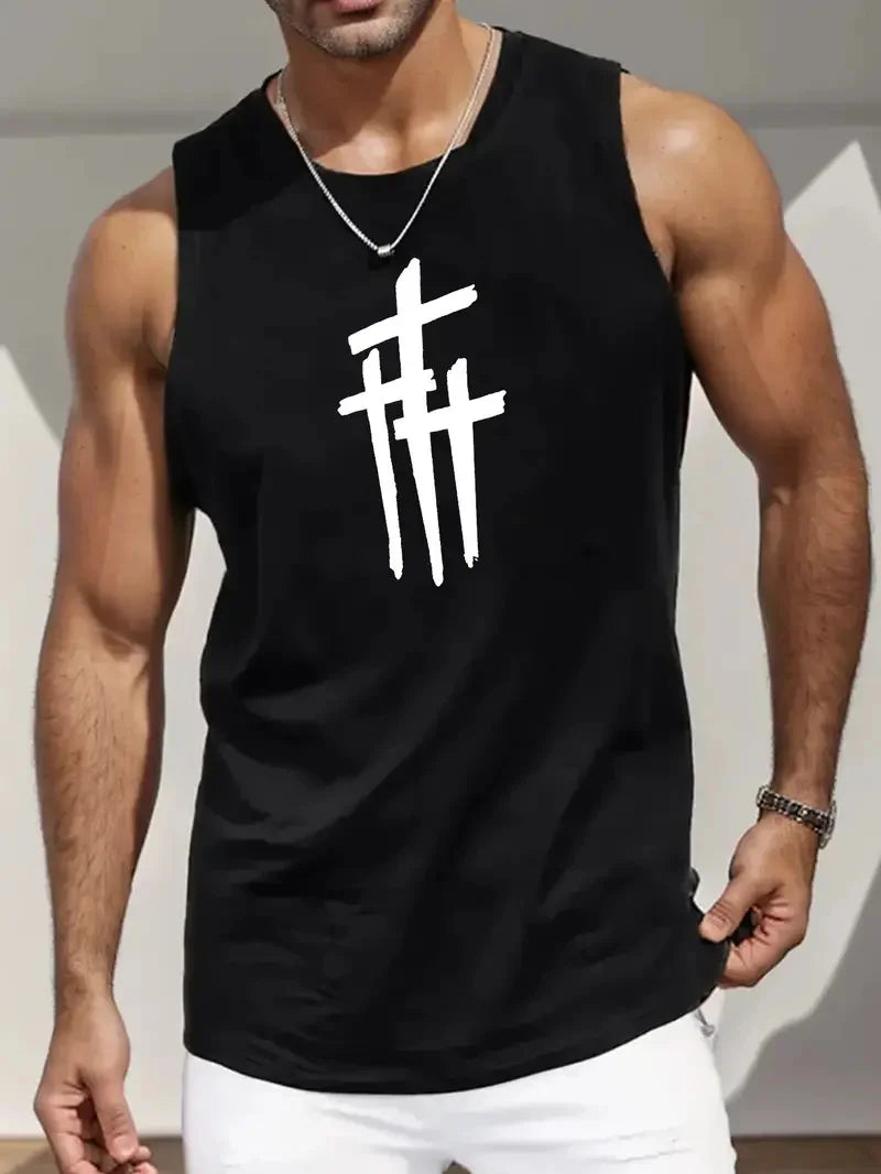 Summer Simple Letter Print Men's Round Neck Tank Top Gym Fitness Training Sports Vest Plus Size Man Sleeveless Shirt Casual Tees - KHOY