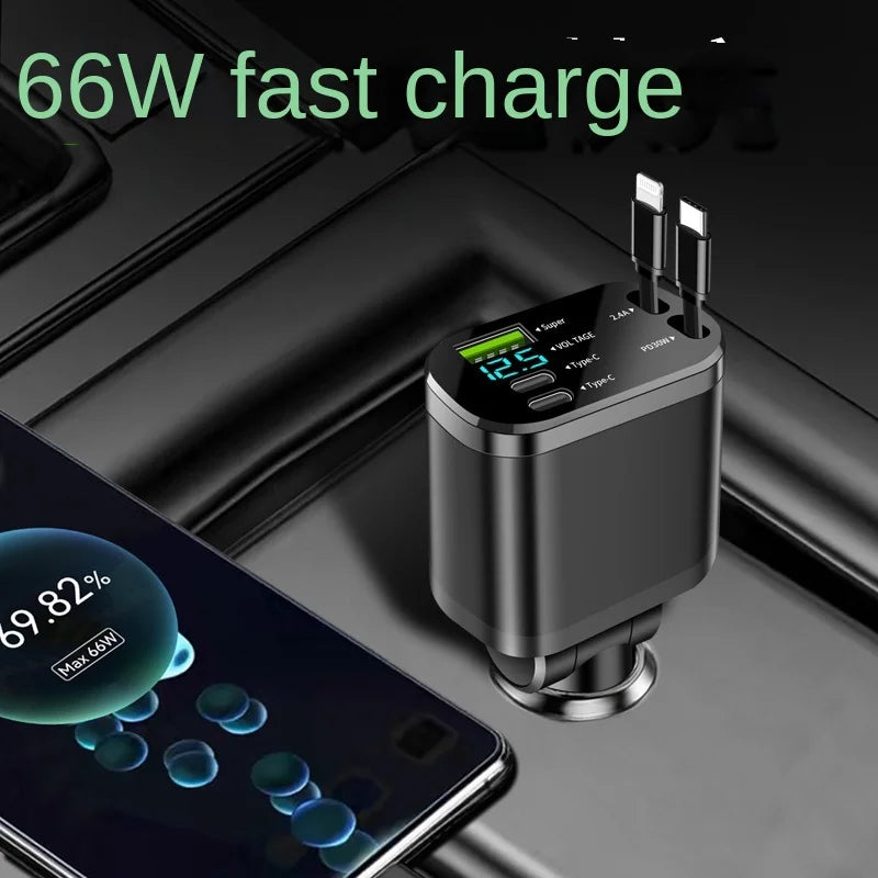 Car charger, car charger with retractable cable, car PD, car fast charging, super fast charging, flash charging, five in one cig - KHOY