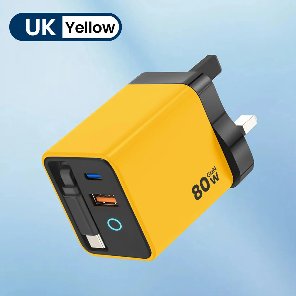 80W Super Fast Charge Type C USB Phone Charger With Telescopic USB C Cable For Iphone 16 15 Samsung Laptop With Light - KHOY