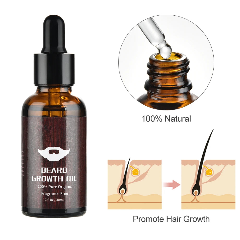 Beard Growth Kit For Men Barbe Hair Enhancerbeard Essential Oil Moisturizing Wax Growth Roller Comb Styling Scissors Beard Care - KHOY