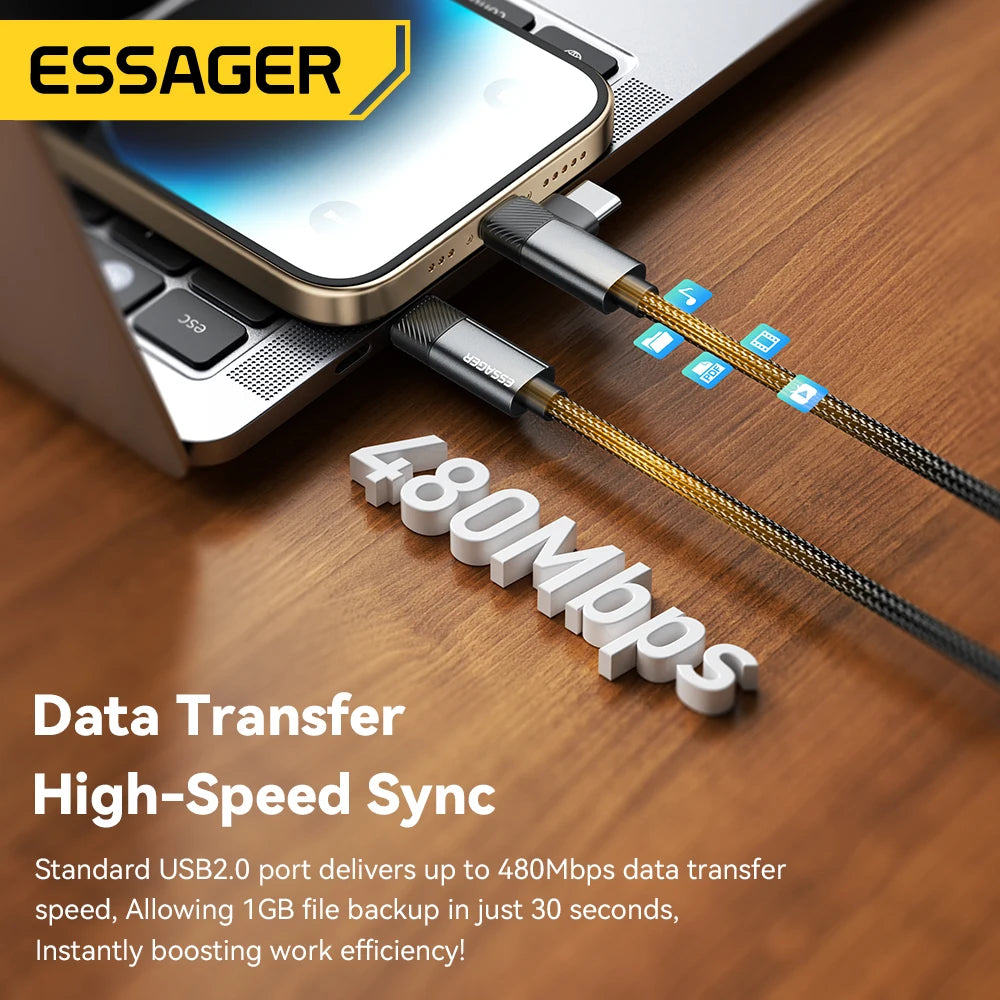 Essager 2-in-1 Right Angle Cable PD 65W 29W Fast Charging Elbow Data Cable For iPhone 15 14 13 MacBook Lenovo Asus Dell iPad Pro - KHOY