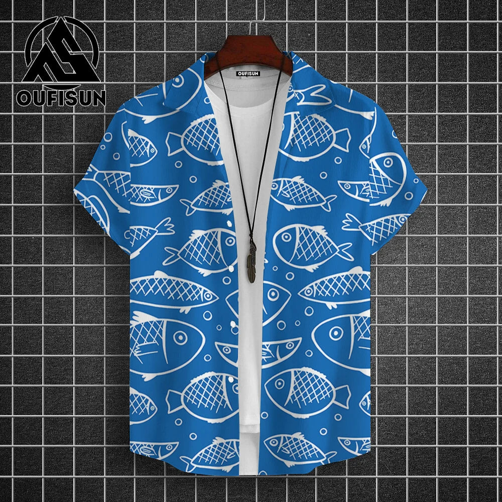 Hawaiian Shirt For Men Beach Casual Men's Short Sleeved Shirts New Cute Fish 3d Print Men's Shirt Oversized Men's Clothing 5xl - KHOY