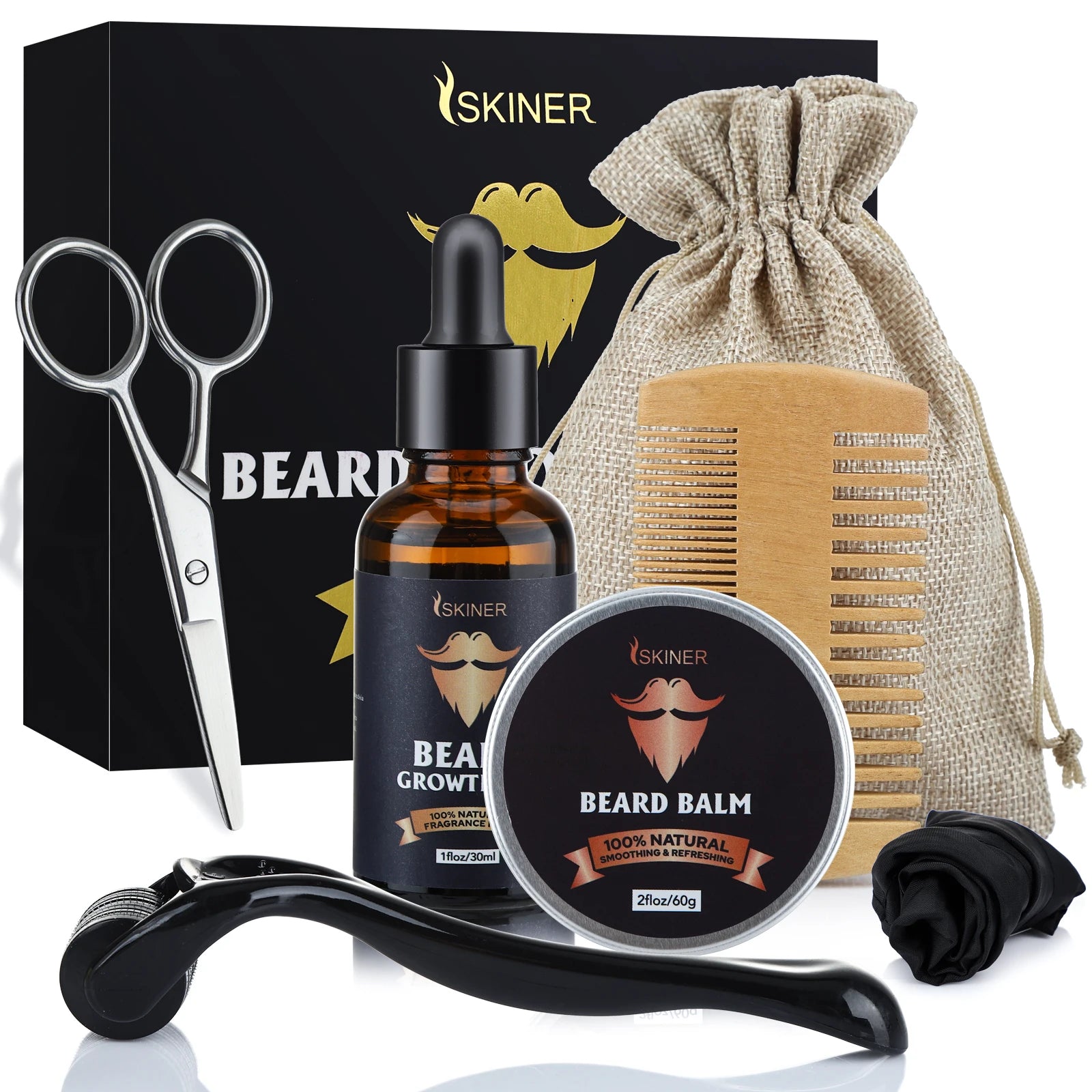 Beard Growth Kit For Men Barbe Hair Enhancerbeard Essential Oil Moisturizing Wax Growth Roller Comb Styling Scissors Beard Care - KHOY