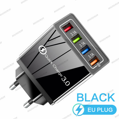 3A USB Charger 4 Ports USB Quick Charge 3.0 EU US Plug For iPhone Samsung Xiaomi Poco Fast Charging Mobile Phone Charger Adapter - KHOY