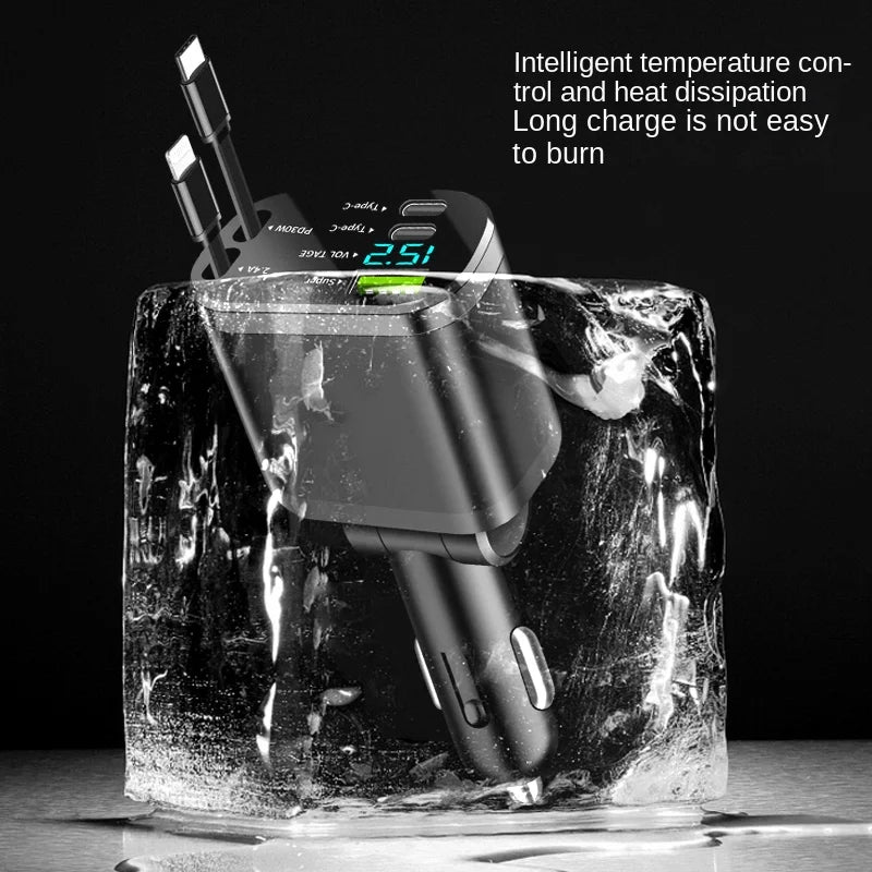 Car charger, car charger with retractable cable, car PD, car fast charging, super fast charging, flash charging, five in one cig - KHOY