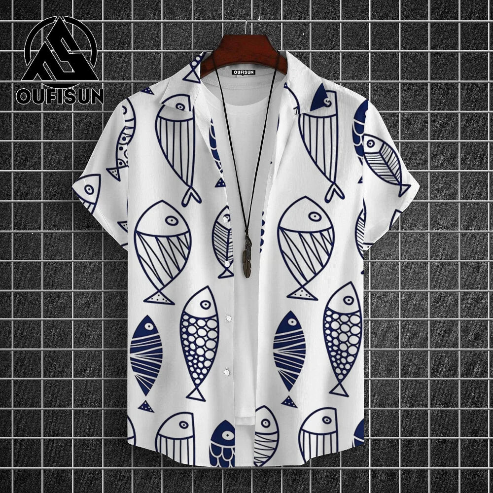 Hawaiian Shirt For Men Beach Casual Men's Short Sleeved Shirts New Cute Fish 3d Print Men's Shirt Oversized Men's Clothing 5xl - KHOY