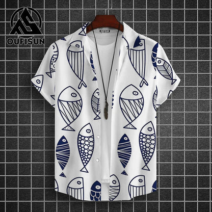 Hawaiian Shirt For Men Beach Casual Men's Short Sleeved Shirts New Cute Fish 3d Print Men's Shirt Oversized Men's Clothing 5xl - KHOY