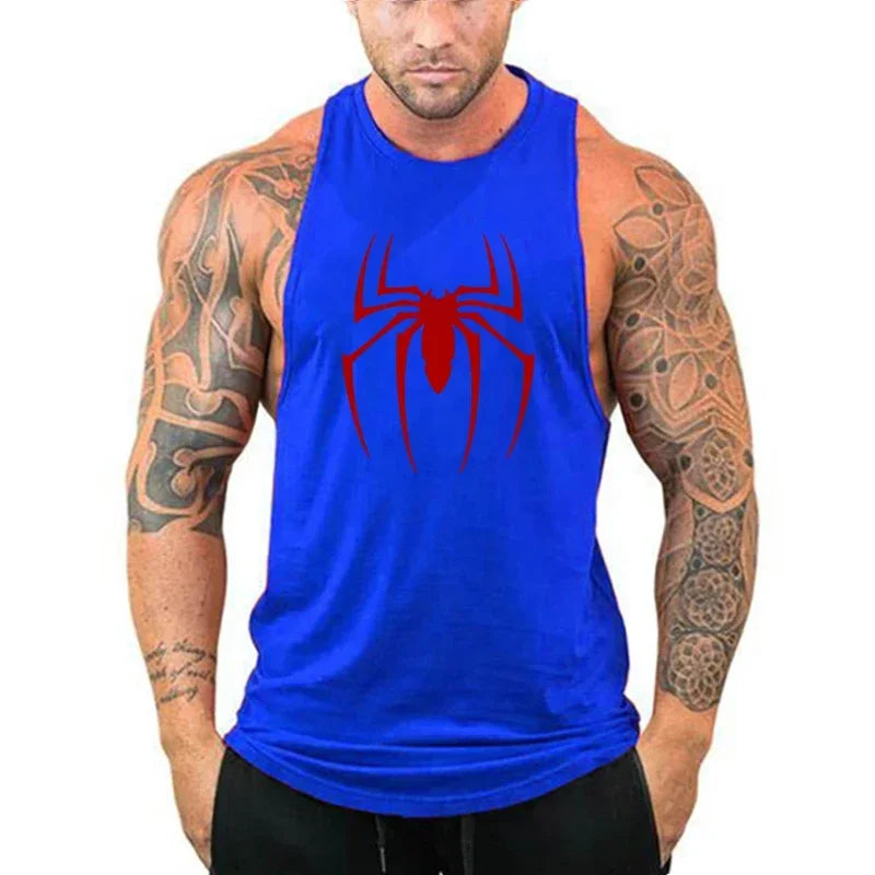 Red Spider Printed Running Tank Tops Gym Fitness Cotton Breathable Sleeveless T-Shirt Mens Bodybuilding Loose Training Clothing - KHOY