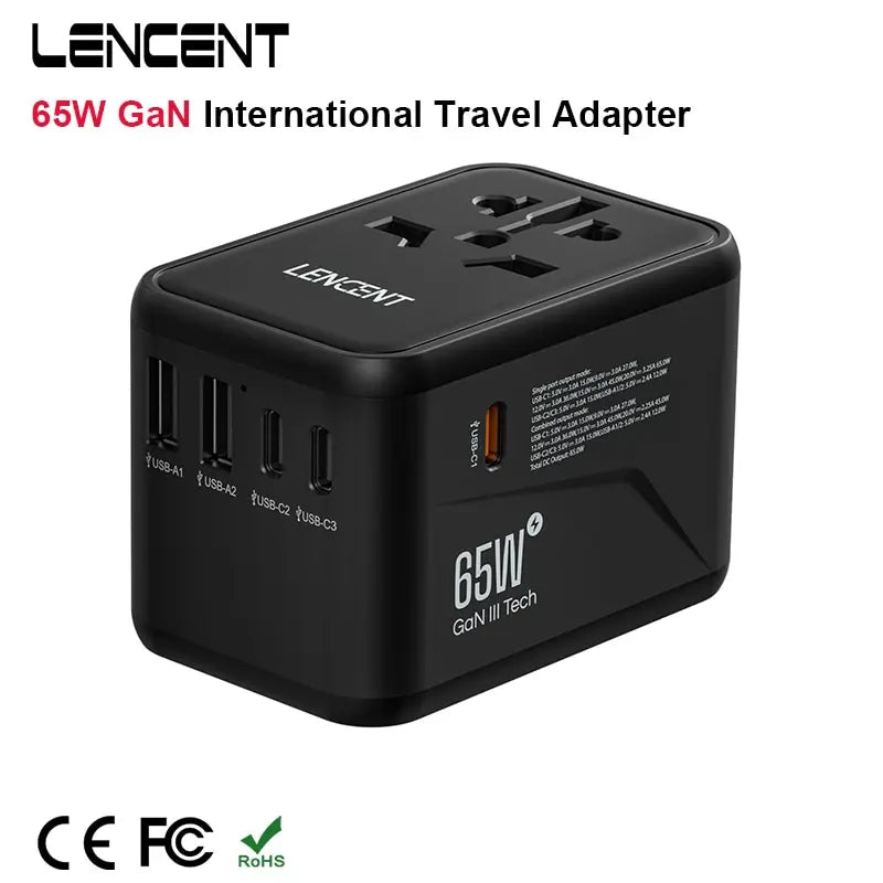 LENCENT 65W/100W GaN International Travel Adapter with 2USB 3 Type C GaN Fast Charging Adapter with EU AU US UK Plug for Travel - KHOY