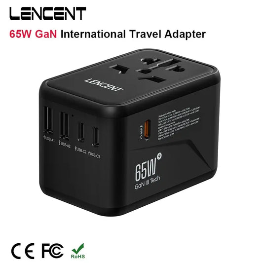 LENCENT 65W/100W GaN International Travel Adapter with 2USB 3 Type C GaN Fast Charging Adapter with EU AU US UK Plug for Travel - KHOY