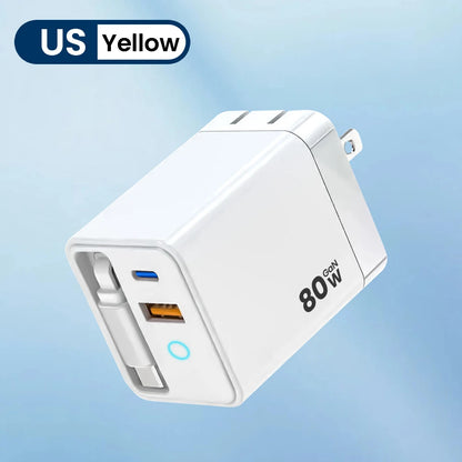 80W Super Fast Charge Type C USB Phone Charger With Telescopic USB C Cable For Iphone 16 15 Samsung Laptop With Light - KHOY