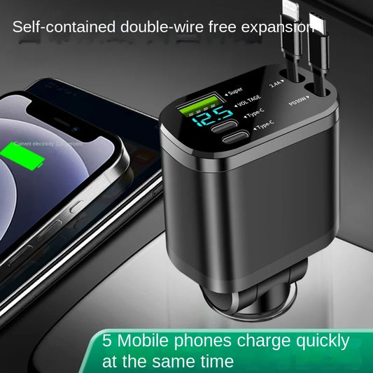 Car charger, car charger with retractable cable, car PD, car fast charging, super fast charging, flash charging, five in one cig - KHOY