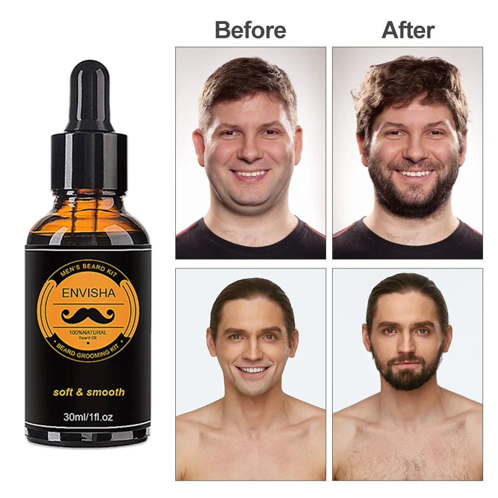 Beard Growth Kit For Men Barbe Hair Enhancerbeard Essential Oil Moisturizing Wax Growth Roller Comb Styling Scissors Beard Care - KHOY