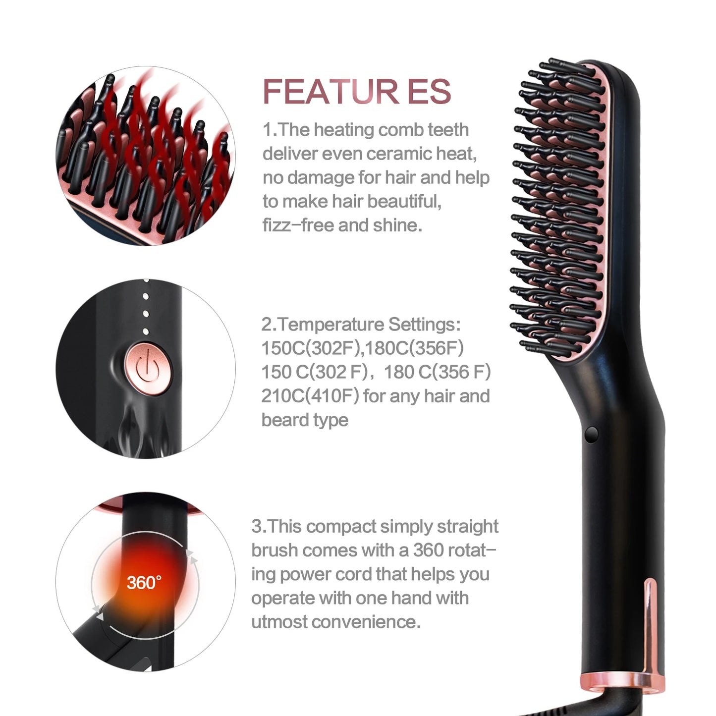 Hot Comb Straightener Heating Comb For Men Beard Electric Negative Ion Hair Straightening Brush Wet Dry Use Quick Hair Styler - KHOY