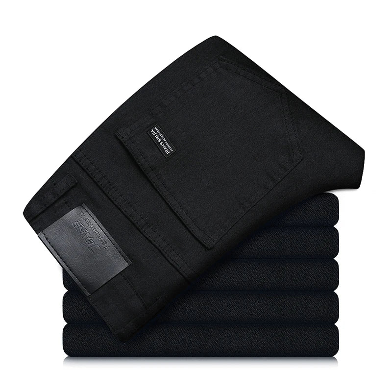 Men's pure black jeans Korean version trendy straight fit pants men's comfortable and elastic classic business jeans - KHOY