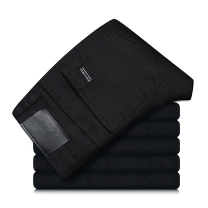 Men's pure black jeans Korean version trendy straight fit pants men's comfortable and elastic classic business jeans - KHOY
