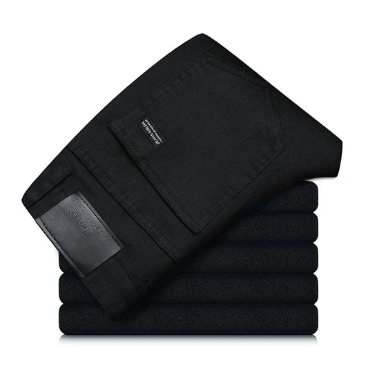 Men's pure black jeans Korean version trendy straight fit pants men's comfortable and elastic classic business jeans - KHOY