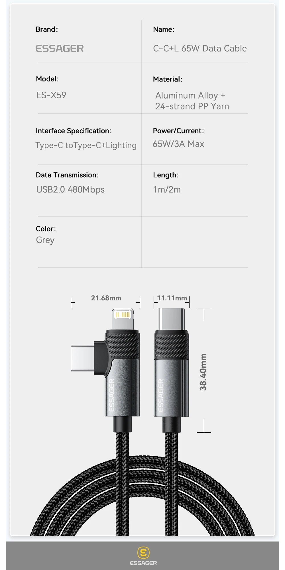 Essager 2-in-1 Right Angle Cable PD 65W 29W Fast Charging Elbow Data Cable For iPhone 15 14 13 MacBook Lenovo Asus Dell iPad Pro - KHOY