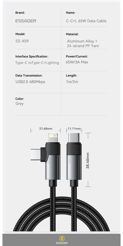 Essager 2-in-1 Right Angle Cable PD 65W 29W Fast Charging Elbow Data Cable For iPhone 15 14 13 MacBook Lenovo Asus Dell iPad Pro - KHOY