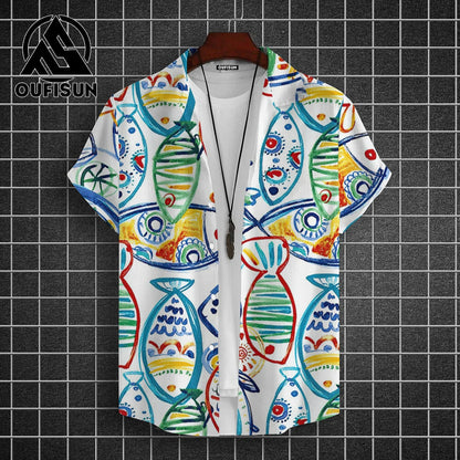 Hawaiian Shirt For Men Beach Casual Men's Short Sleeved Shirts New Cute Fish 3d Print Men's Shirt Oversized Men's Clothing 5xl - KHOY
