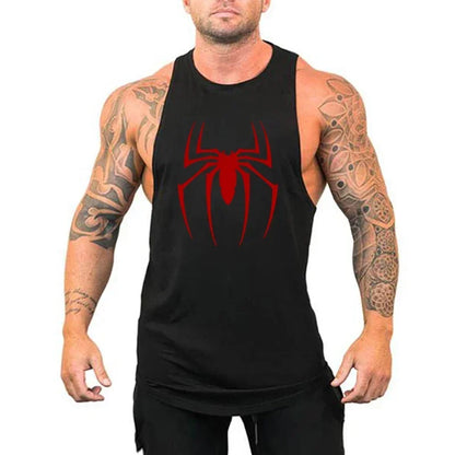 Red Spider Printed Running Tank Tops Gym Fitness Cotton Breathable Sleeveless T-Shirt Mens Bodybuilding Loose Training Clothing - KHOY