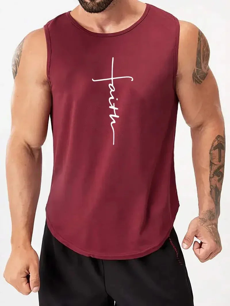 Summer Simple Letter Print Men's Round Neck Tank Top Gym Fitness Training Sports Vest Plus Size Man Sleeveless Shirt Casual Tees - KHOY