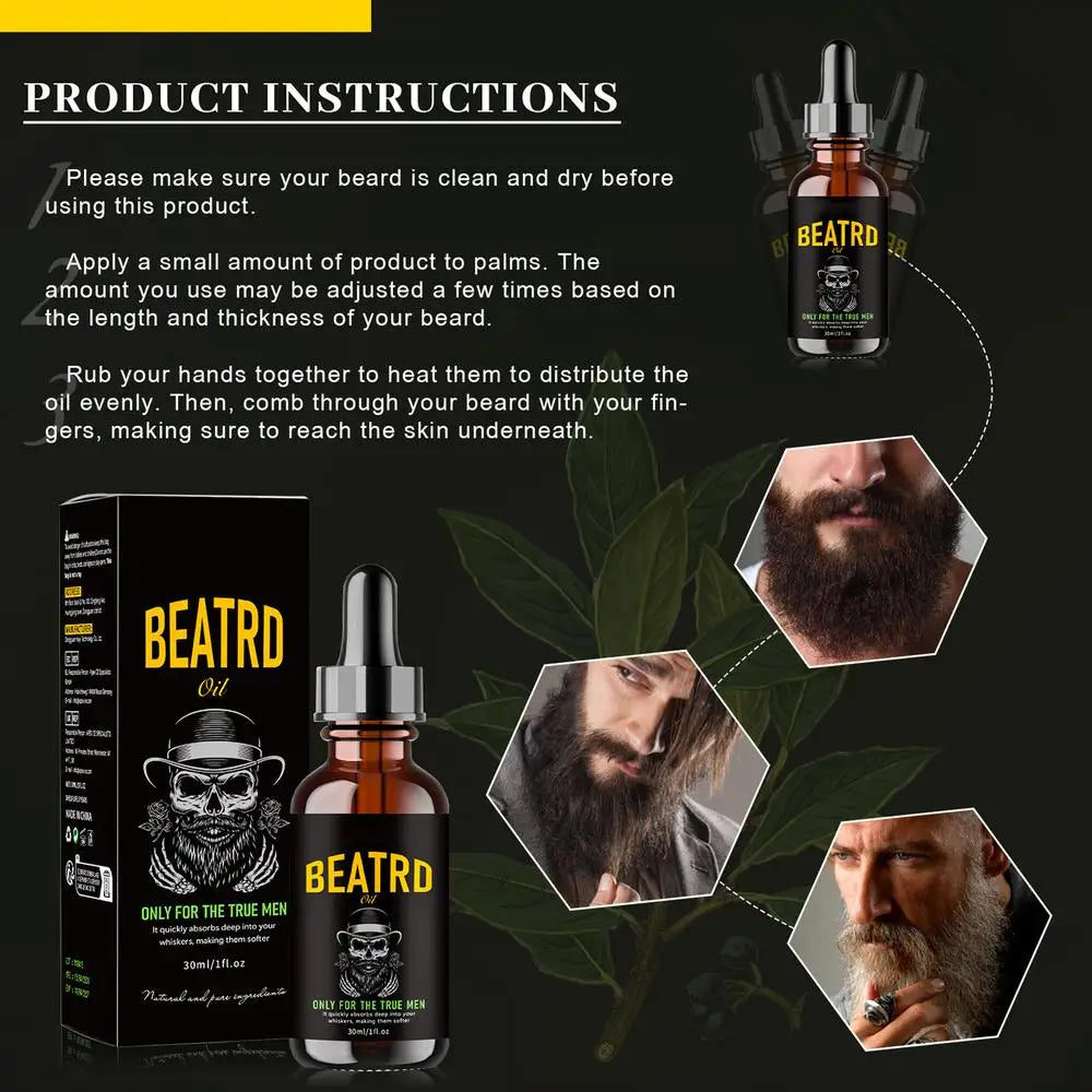 Beard Oil Enhance Mustache Nourishing Smooth Longer Thicker Regrowth Shine Strengthens Moisturizing Beard Growth Oil for Men - KHOY