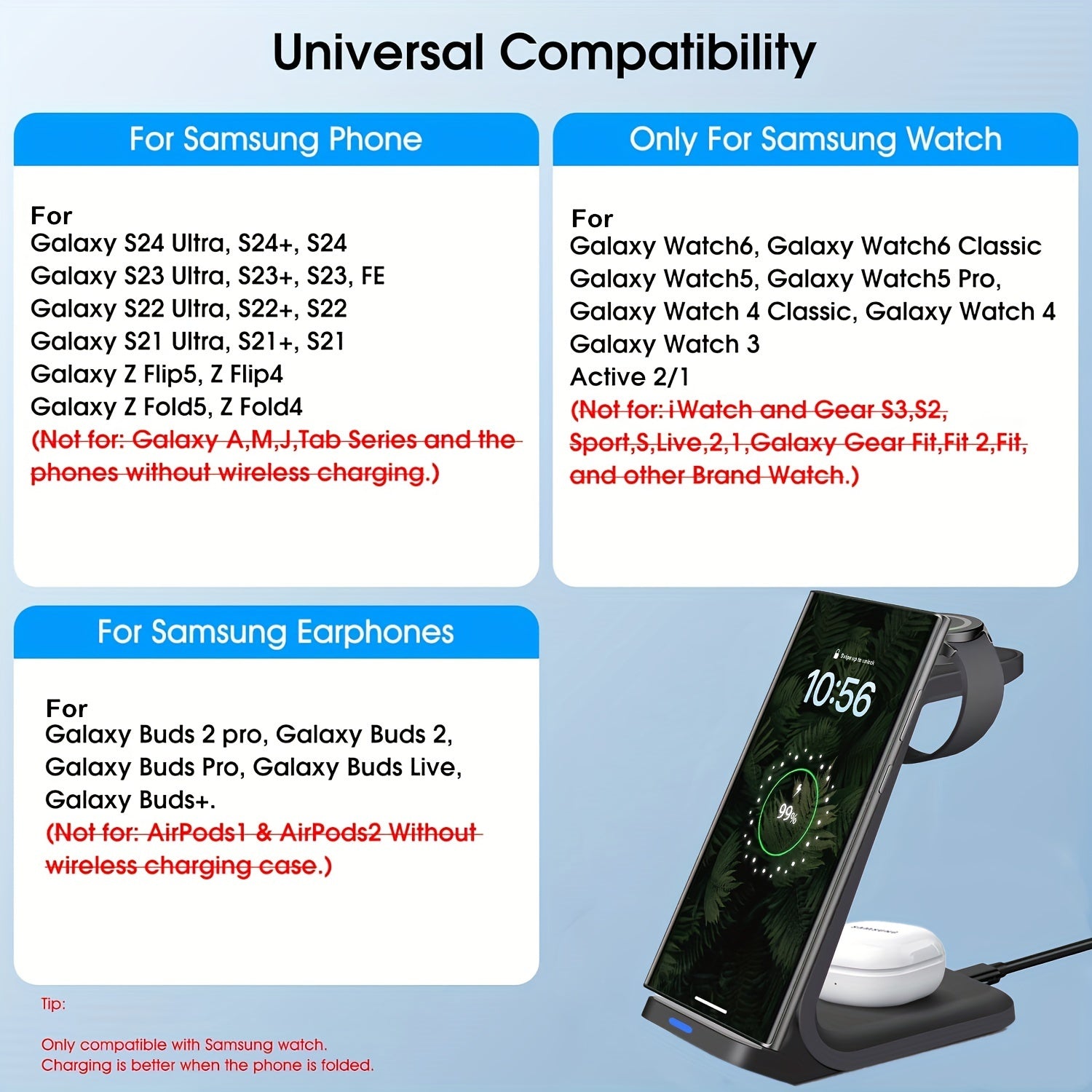 Wireless Charging Station For Samsung, Travel Portable Charger 3 In 1 For Samsung S24 Ultra/S24/S24+/S23 Ultra/S23/S22 Ultra/S22/S21/Note 20, For Galaxy Watch 6/6 Classic/5/5 Pro/4, For Galaxy Buds 2 Pro/Pro - KHOY