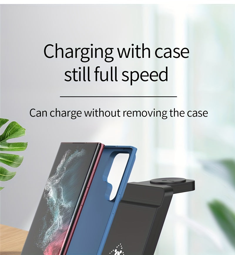 3-in-1 Wireless Charging Stand for Samsung S22/S21, Galaxy Watch Fast Charger Dock, 13.49x12.4x6.78 cm, Case-Friendly Station with LED Indicator - KHOY