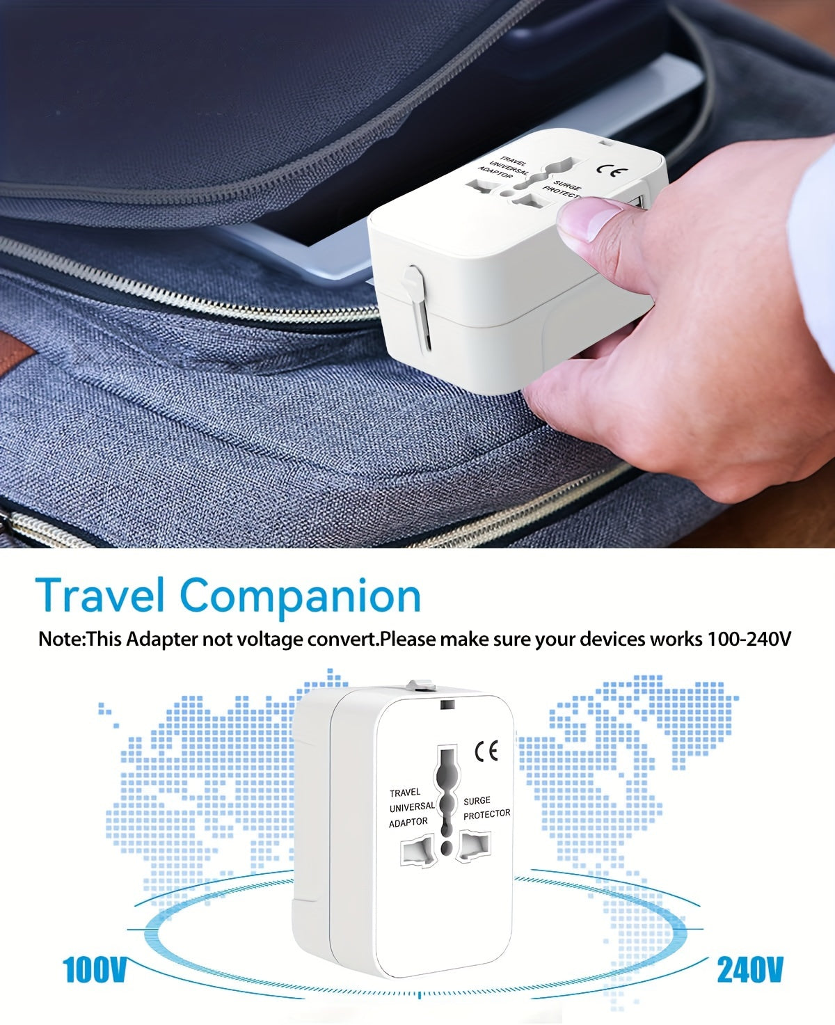 1pc Travel Charger with Dual USB Charging Ports, 2 USB Charger, World All In One Universal Travel Charger, Wall Charger AC Power Plug Adapter, USA EU UK AUS Converter Adapter, USB Charger, Travel Adapter - KHOY