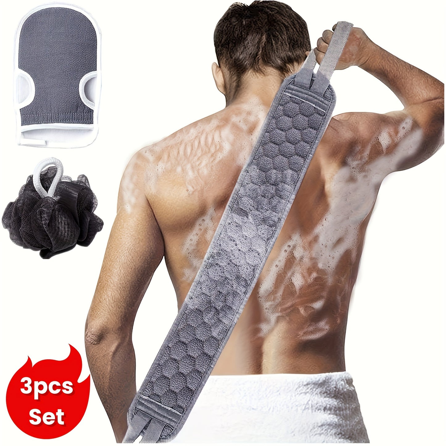 3pcs/set Bath Back Exfoliating Set, Loofah Sponge, Bath Glove, Exfoliating Bath Washcloth Towel, Back Scrubber For Shower, For Spa, Massage And Body Scrubs, Body Scrubber Bathing Accessories - KHOY