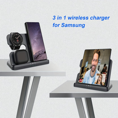 Wireless Charger 3 In 1 Charging Station For Samsung S24 S23 S22 S21 S20 Ultra FE/Note 20 10 9/Z Flip Fold Series, Galaxy Watch6/ 5 Pro/5/4/3/Active 2/1, Buds+/Pro/Live, Wireless Charging Station Wireless Charger Stand For Ph - KHOY