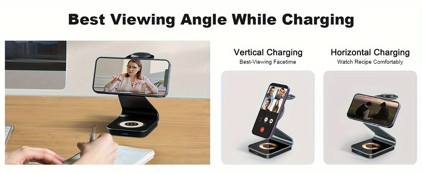 3 In 1 Magnetic Wireless Charger, 15W Fast Charging Station, Suitable For iPhone 15/14/13/12/Pro/Max/Mini/Plus, For iWatch Ultra/Ultra2/9/8/7/6/5/4/3/2/1/SE, For AirPods 3/2/Pro/Pro2 - KHOY