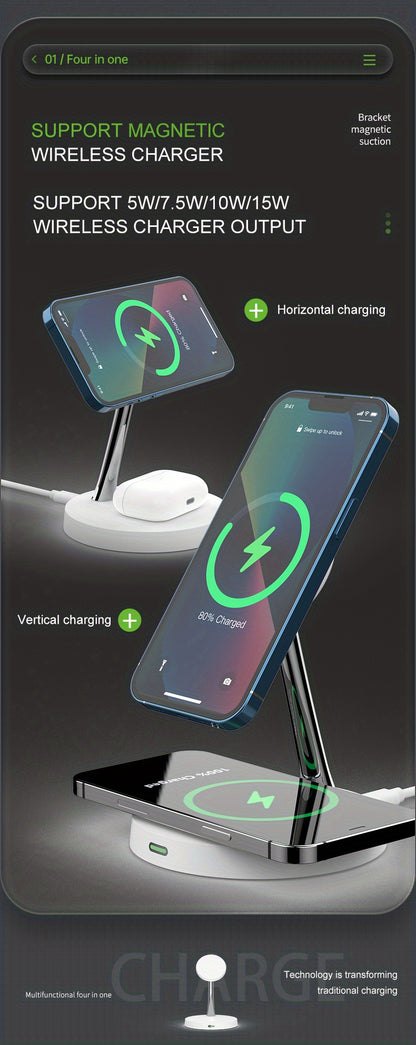 TIMESS-4 In 1 Magnetic Wireless Charger Station For IPhone15 14 13 Airpods 3/2/Pro, With Night Light For IWatch Series9/ 8/7/6/SE, Wireless Charging Station For Multiple Devices - KHOY