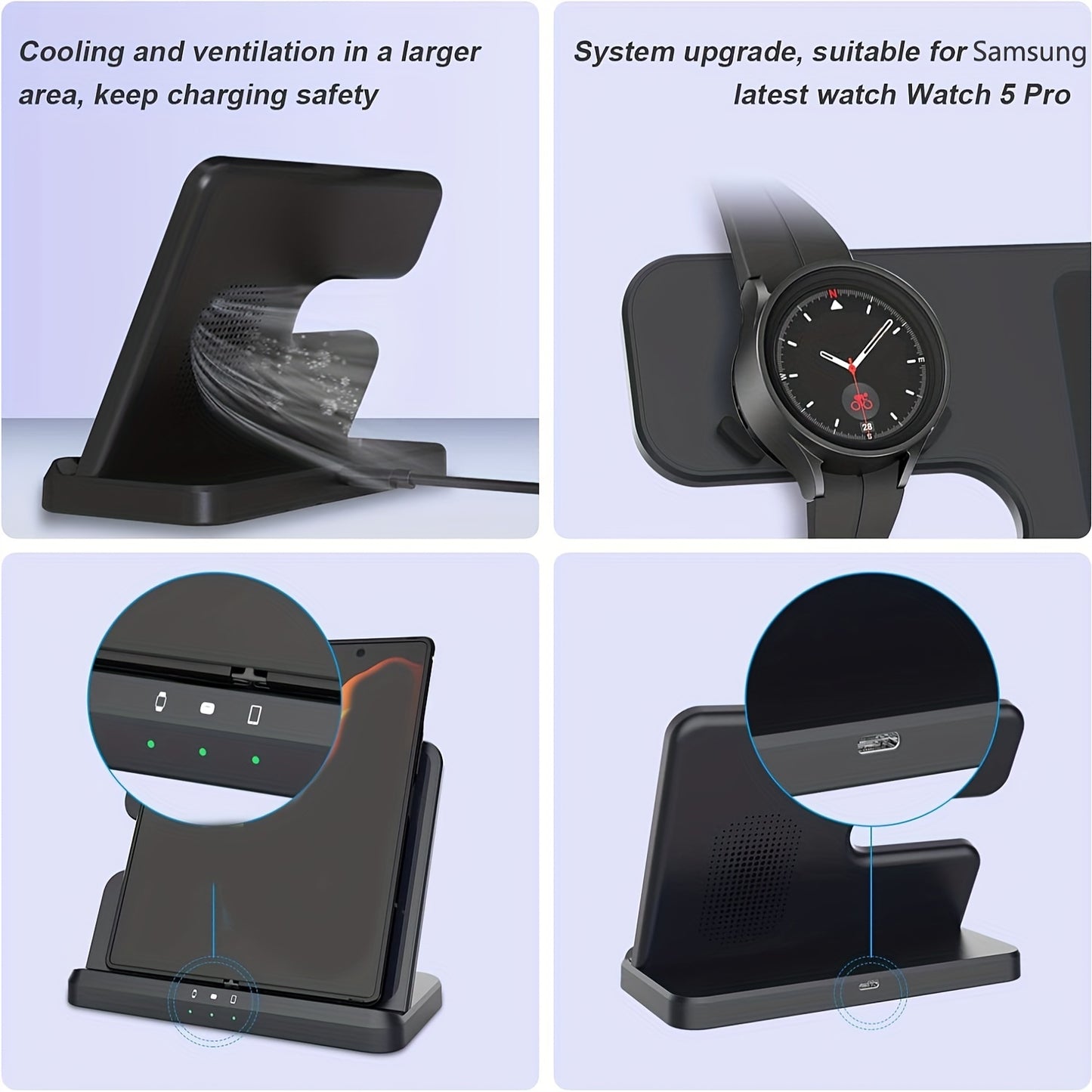 Wireless Charger 3 In 1 Charging Station For Samsung S24 S23 S22 S21 S20 Ultra FE/Note 20 10 9/Z Flip Fold Series, Galaxy Watch6/ 5 Pro/5/4/3/Active 2/1, Buds+/Pro/Live, Wireless Charging Station Wireless Charger Stand For Ph - KHOY
