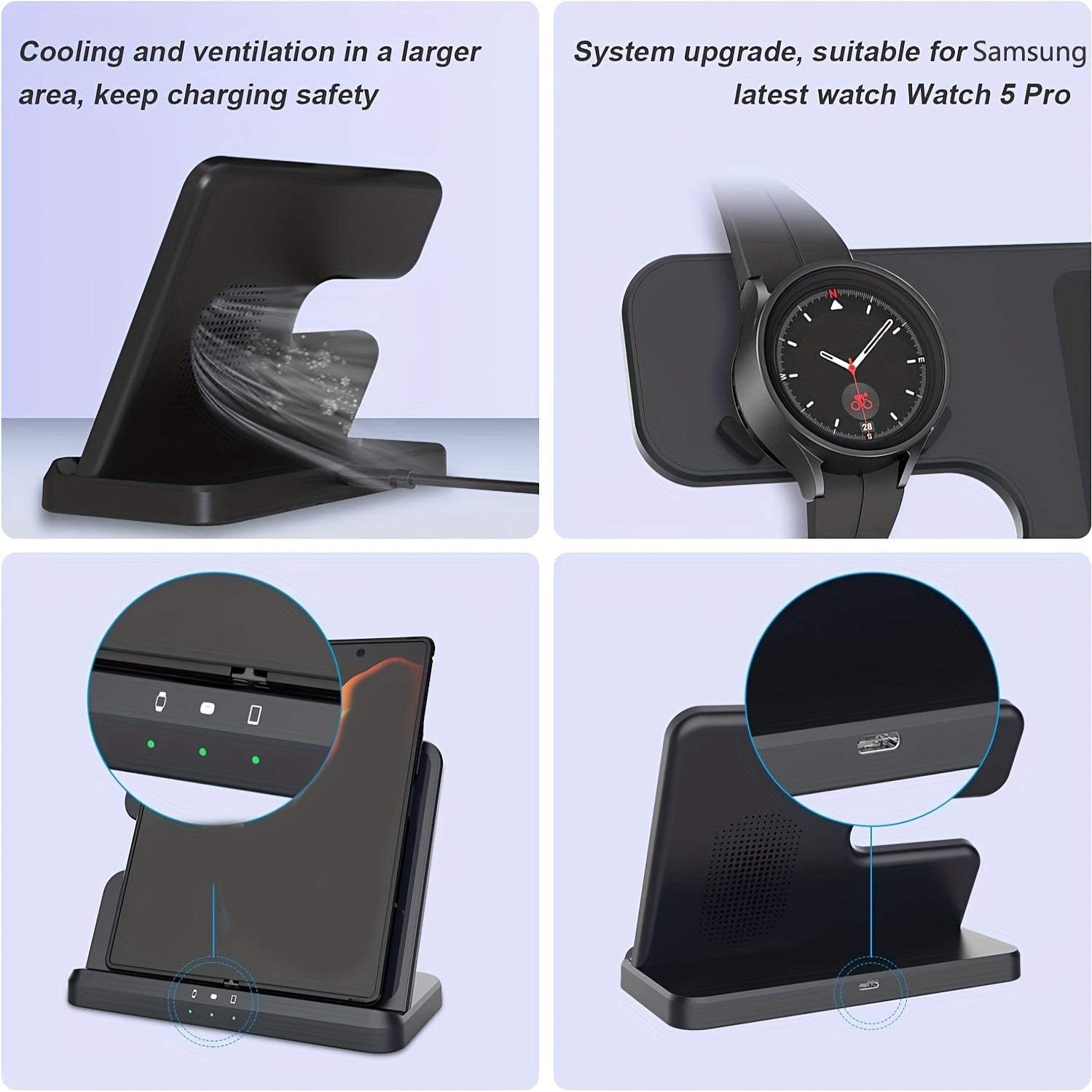 Wireless Charger 3 In 1 Charging Station For Samsung S24 S23 S22 S21 S20 Ultra FE/Note 20 10 9/Z Flip Fold Series, Galaxy Watch6/ 5 Pro/5/4/3/Active 2/1, Buds+/Pro/Live, Wireless Charging Station Wireless Charger Stand For Ph - KHOY