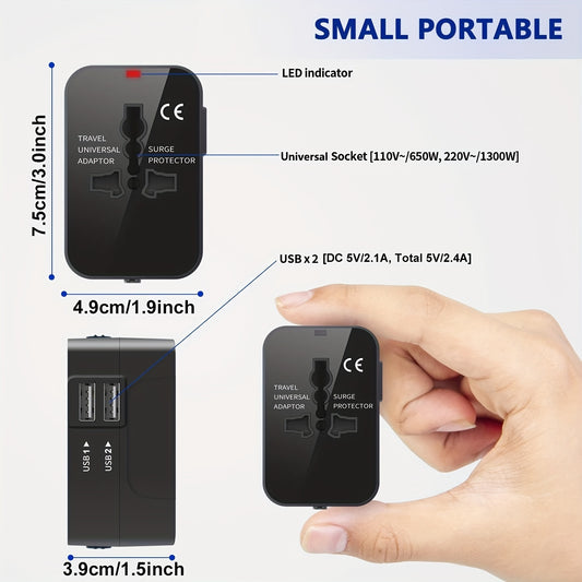1pc Travel Charger with Dual USB Charging Ports, 2 USB Charger, World All In One Universal Travel Charger, Wall Charger AC Power Plug Adapter, USA EU UK AUS Converter Adapter, USB Charger, Travel Adapter - KHOY