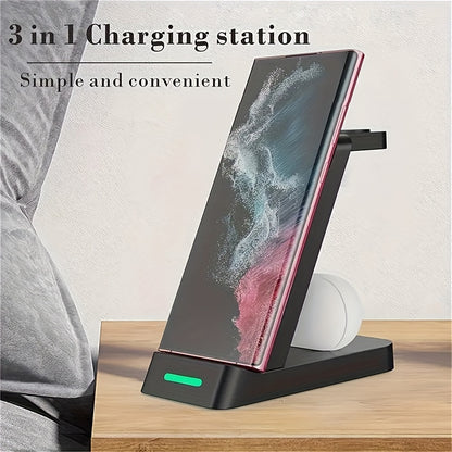 3-in-1 Wireless Charging Stand for Samsung S22/S21, Galaxy Watch Fast Charger Dock, 13.49x12.4x6.78 cm, Case-Friendly Station with LED Indicator - KHOY
