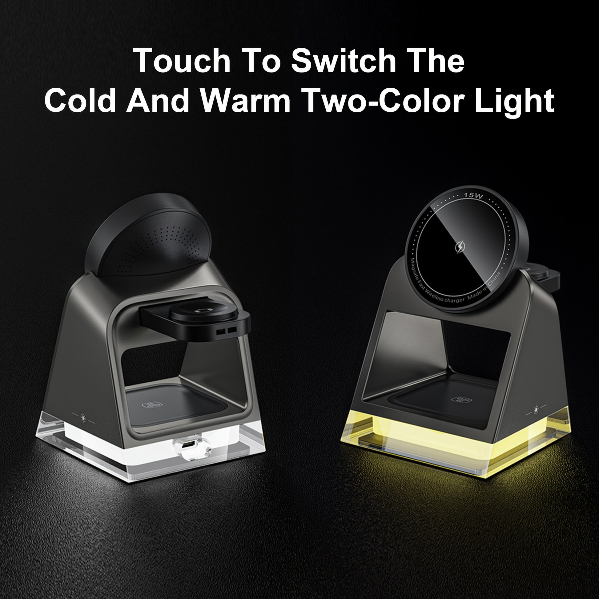 High-quality three-in-one magnetic wireless charger, 15W for mobile phone charging, 5W for smart watch, 5W for wireless headset charging, with LED touch night light - KHOY