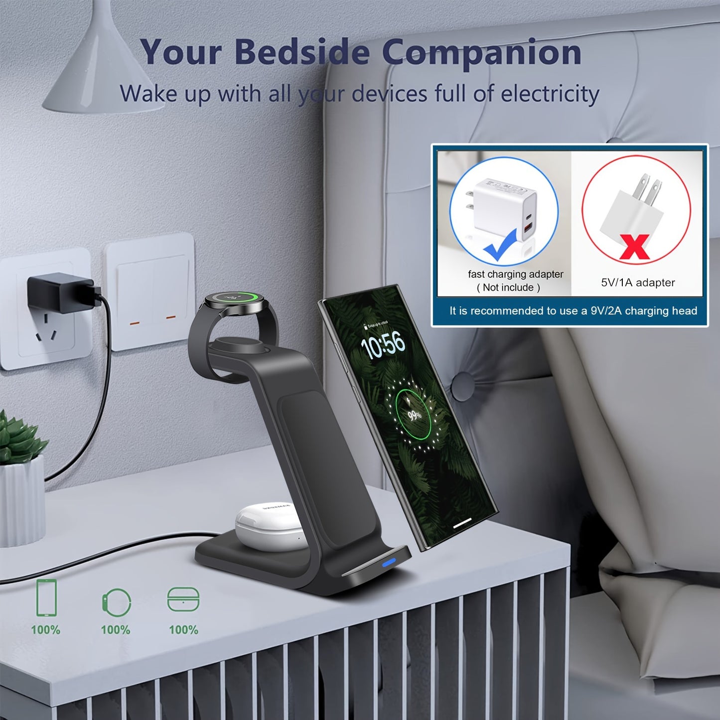 Wireless Charging Station For Samsung, Travel Portable Charger 3 In 1 For Samsung S24 Ultra/S24/S24+/S23 Ultra/S23/S22 Ultra/S22/S21/Note 20, For Galaxy Watch 6/6 Classic/5/5 Pro/4, For Galaxy Buds 2 Pro/Pro - KHOY